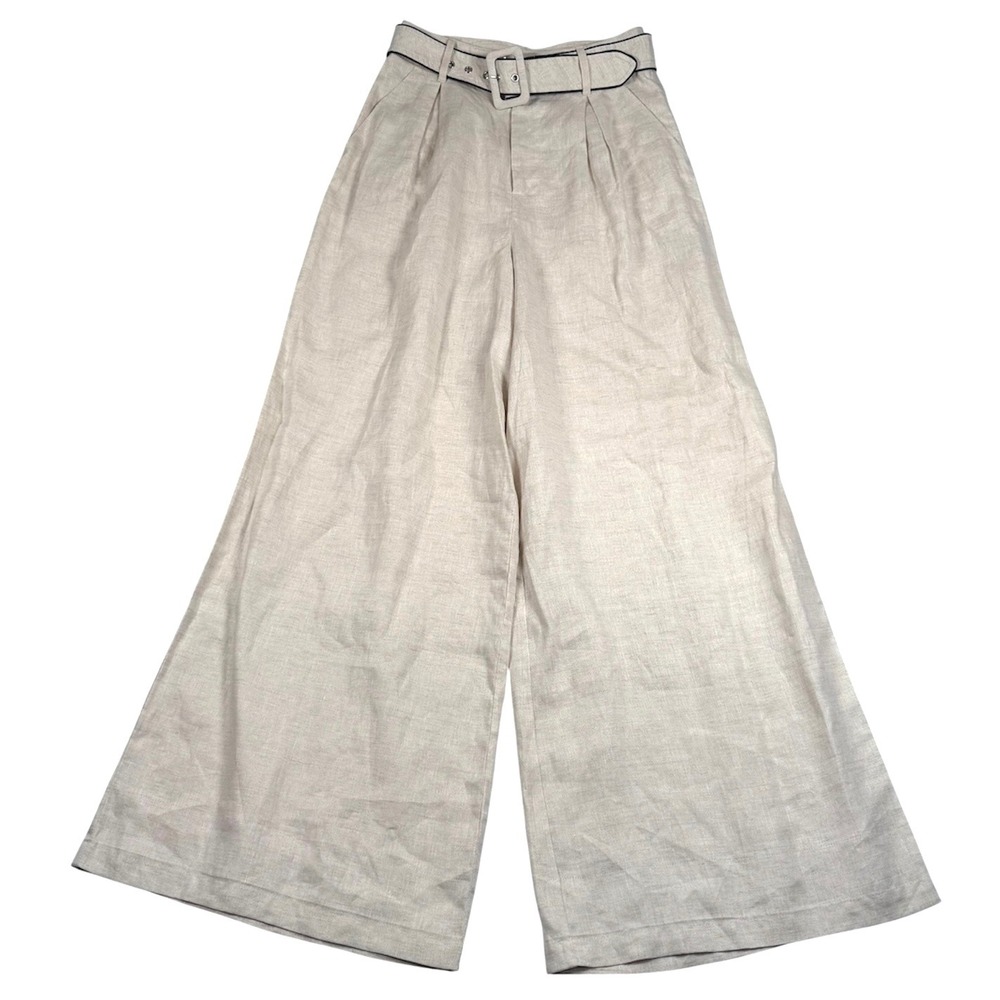 Staud Linen Wide Leg Pants Womens 6 Beige Belted Pleated High Rise Trousers